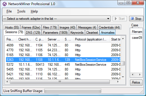 NetworkMiner Professional 1.0 Sessions tab with SMB session