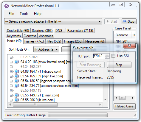 NetworkMiner receiving Pcap-over-IP data