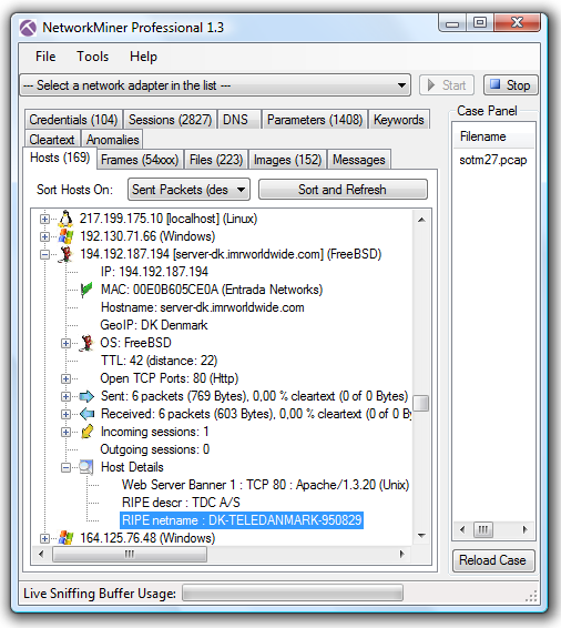 NetworkMiner Professional 1.3 showing offline RIPE lookup