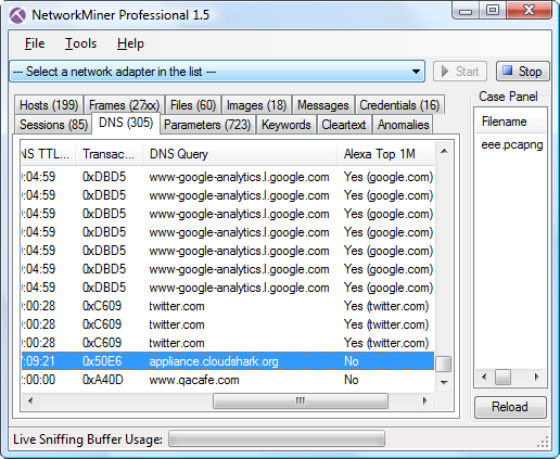 NetworkMiner Professional 1.5 with DNS tab