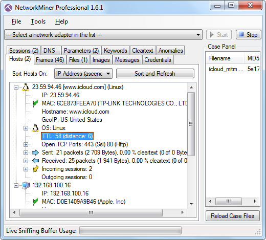 NetworkMiner showing host details for MITM'ed iCloud server