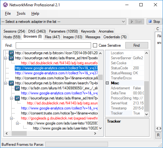 NetworkMiner Professional 2.1 showing Advertisments (red) and Trackers (blue)