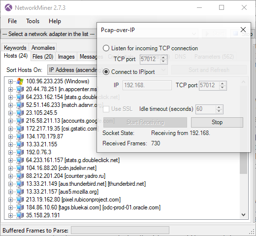 Live remote sniffing with NetworkMiner 2.7.3 using PCAP-over-IP