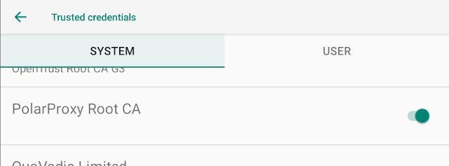 PolarProxy root CA certificate installed in Android's System trusted credentials