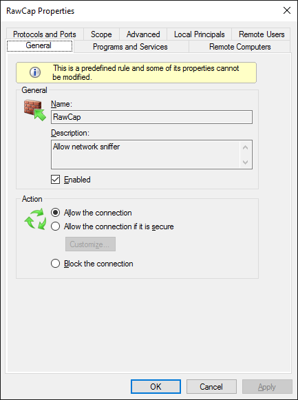 RawCap Firewall Rule to allow sniffing of incoming packets