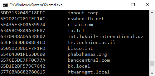 SunburstDomainDecoder.exe output showing innout.corp nswhealth.net cisco.com fa.lcl int.lukoil-international.uz tr.technion.ac.il bisco.int phabahamas.org banccentral.com bk.local htwanmgmt.local