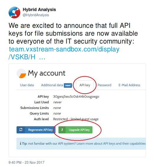 @HybridAnalysis: We are excited to announce that full API keys for file submissions are now available to everyone of the IT security community