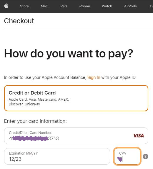 Credit card details entered in Apple Store by attacker
