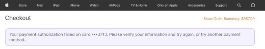Click to show full screenshot Error message from Apple Store: Your payment authorization failed