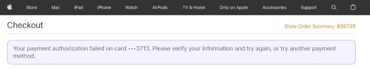 Error message from Apple Store: Your payment authorization failed