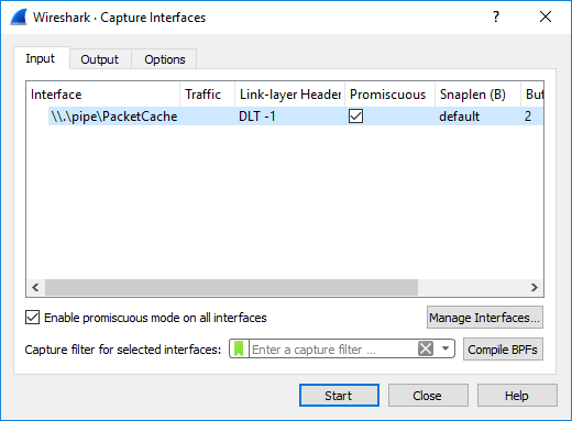 Wireshark with a PacketCache pipe interface