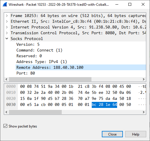 SOCKS packet from IcedID in Wireshark