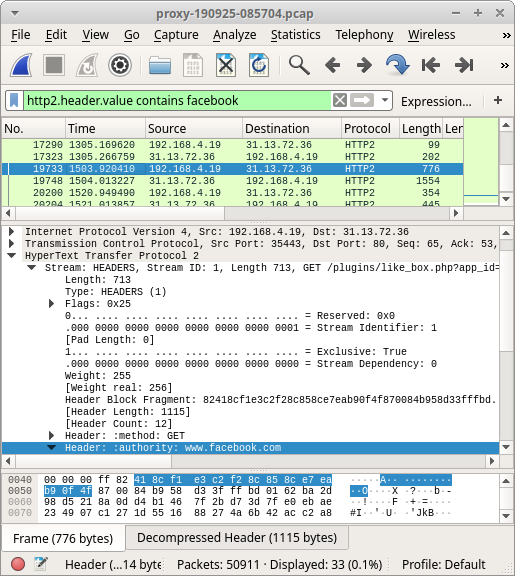 HTTP/2 traffic to Facebook opened in Wireshark