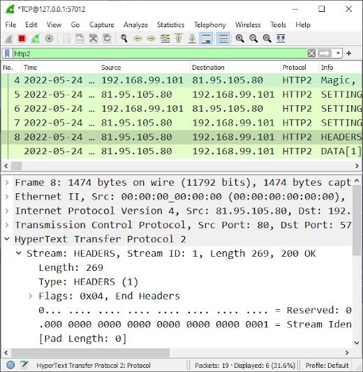 Decrypted TLS packets from PolarProxy in Wireshark