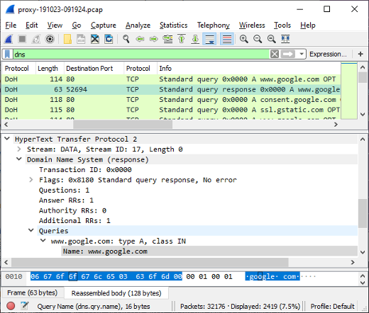 DoH lookup of www.google.com shown in Wireshark