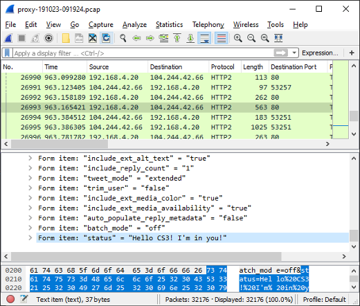 Twitter post in Wireshark