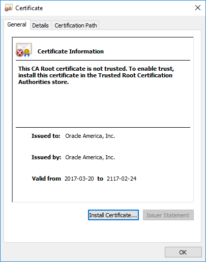 Self-signed Oracle America, Inc. X.509 certificate