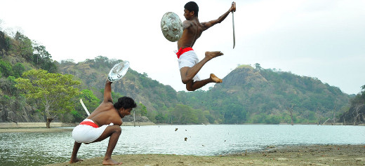 Illangam fighting scene with swords and shields at korathota angampora tradition