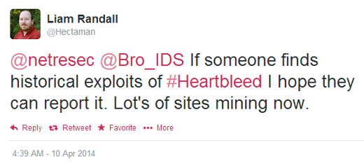 Liam Randall (@Hectaman) tweeting about historical Heartbleed searches