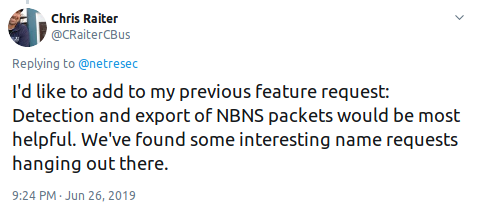 Detection and export of NBNS packets request on twitter