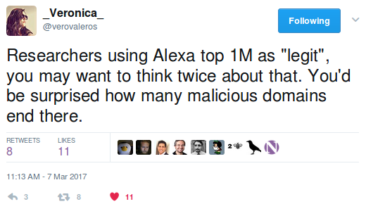 Researchers using Alexa top 1M as legit, you may want to think twice about that. You'd be surprised how many malicious domains end there. Researchers using Alexa top 1M as legit, you may want to think twice about that. You'd be surprised how many malicious domains end there.
