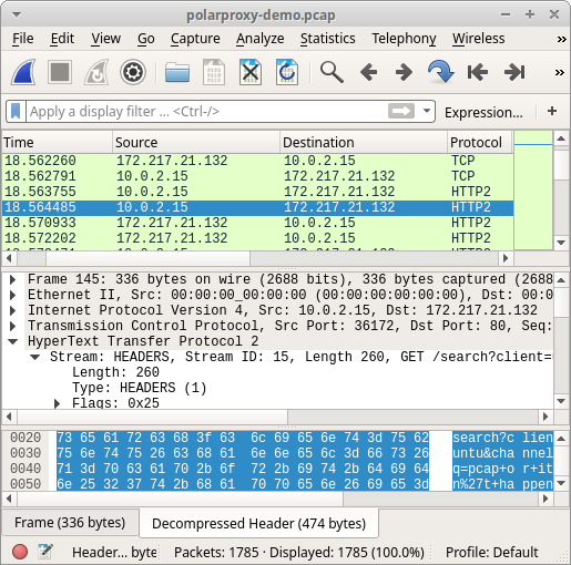 HTTP/2 traffic from PolarProxy opened in Wireshark