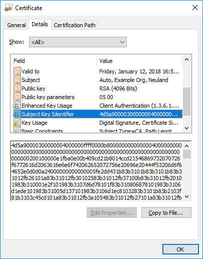 X.509 certificate with MZ header in the Subject Key Identifier field